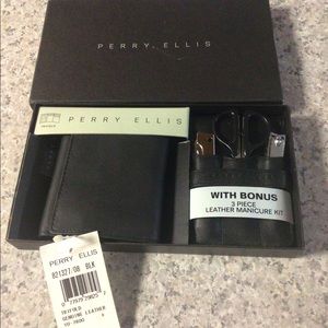Perry Ellis trifold black leather wallet, with bonus 3 piece grooming kit!